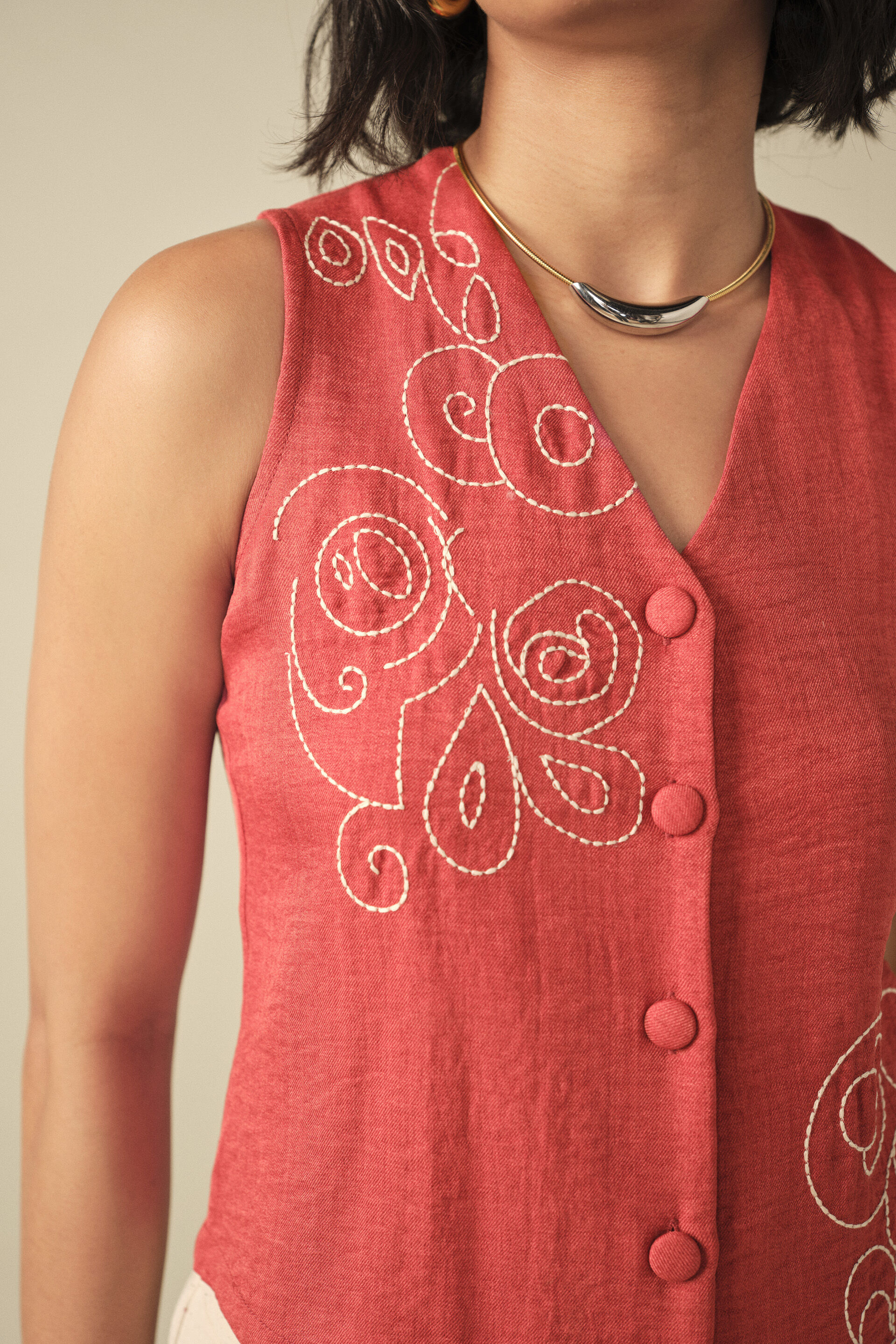 Floral Embroidered Waistcoat in Rust, Rust, image 2